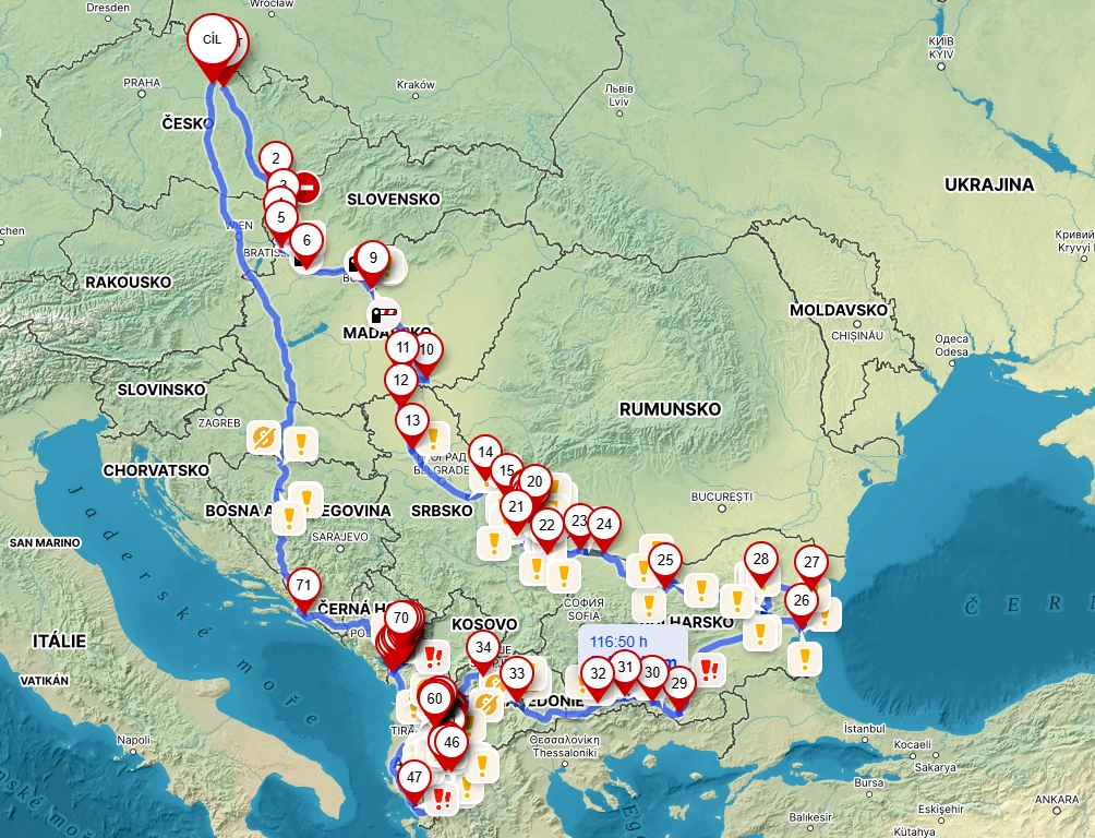 Mapa trasy expedice Albánie
