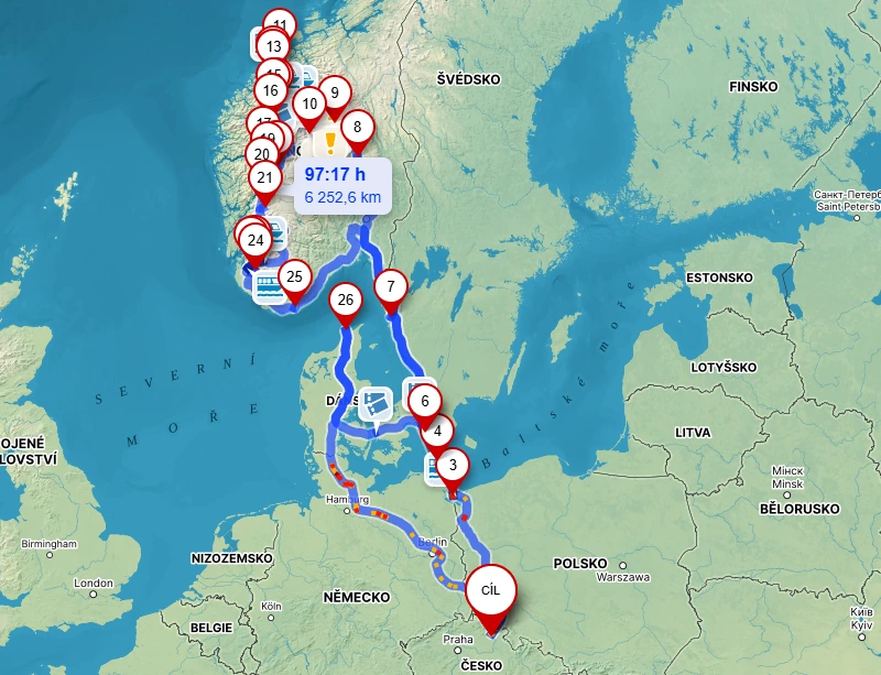 Mapa trasy expedice Norsko