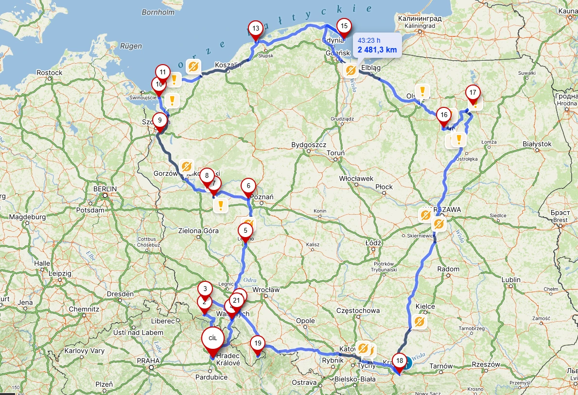 Mapa trasy expedice Polsko
