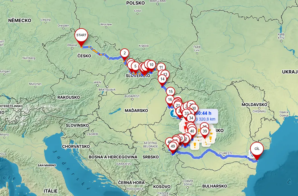 Mapa trasy expedice Rumunsko